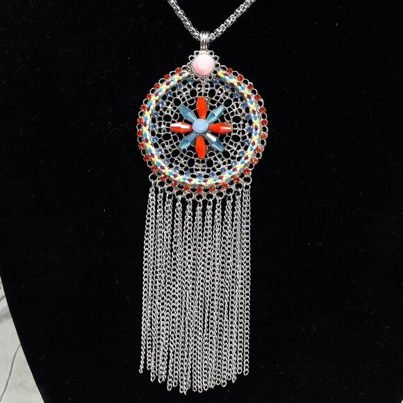 Colorful Round Medallion Pendant with Tassels on Long Silver Tone Chain Necklace - Picture 1 of 7